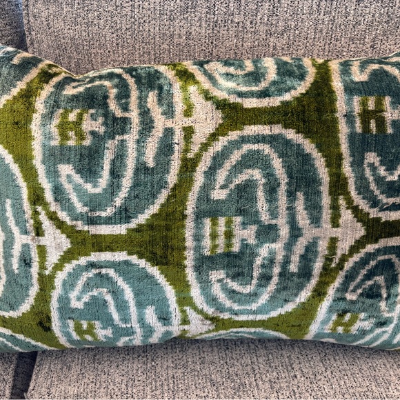 Silk Velveteen Blue & Olive Patterned Accent Pillow - Picture 1 of 4